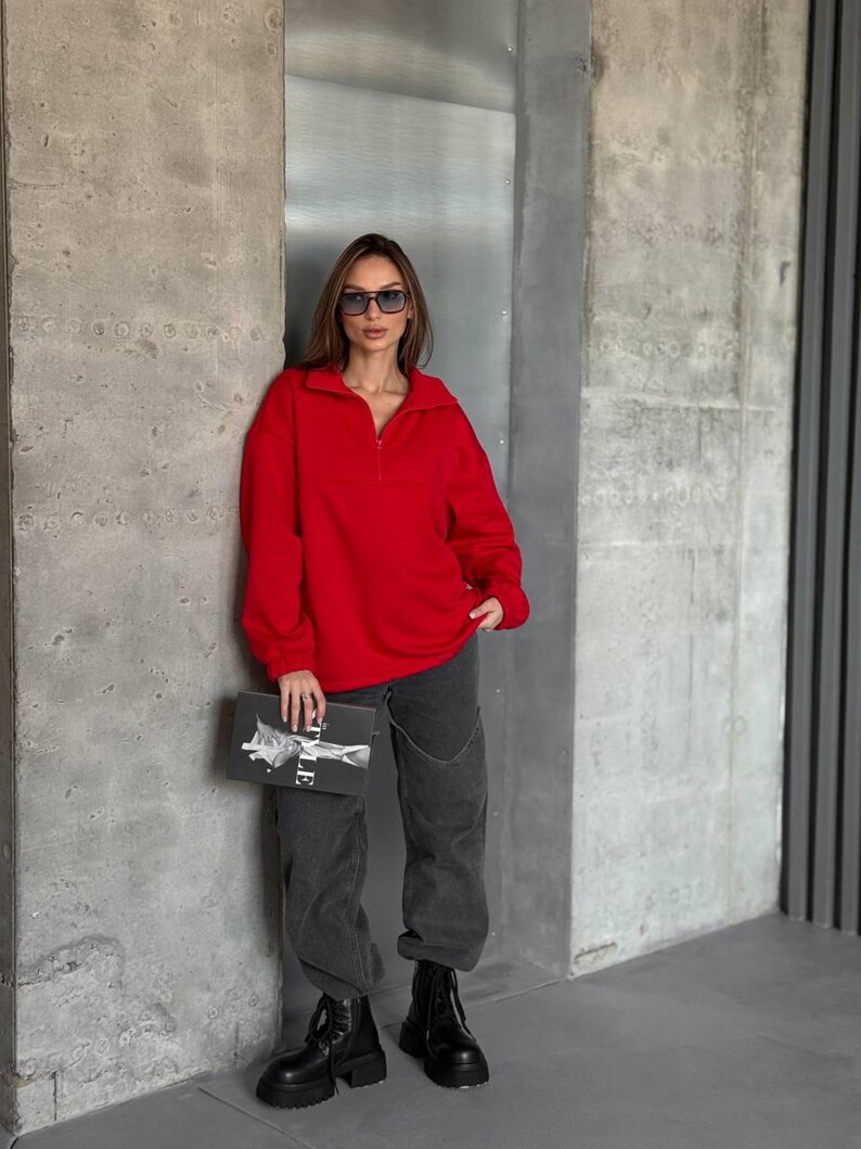 red Oversized Hoodie with Half Zip, Cotton Intersoft Fleece Sweatshirt, Relaxed Fit Cozy Streetwear