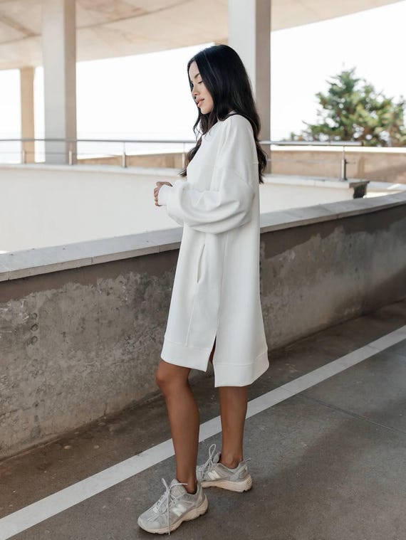 cotton long sweatshirt dress Sweatshirt Dress, Cotton Maxi Hoodie, Raw Seam Piece, Minimalist  Streetwear, Long Hoodie With Slits
