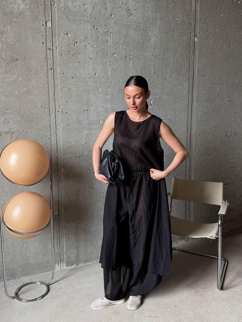 Black Viscose Tencel Set, Wide Leg Palazzo Pants Outfit, Oversized Sleeveless Tunic, Minimalist Summer Co Ord, Resort Wear