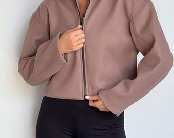 Cashmere Blend Bomber Jacket: Minimalist Beige Fall Outerwear
