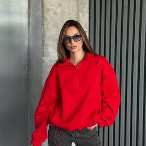 red Oversized Hoodie with Half Zip, Cotton Intersoft Fleece Sweatshirt, Relaxed Fit Cozy Streetwear