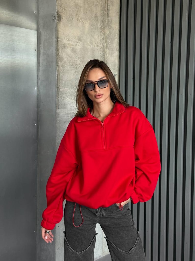red Oversized Hoodie with Half Zip, Cotton Intersoft Fleece Sweatshirt, Relaxed Fit Cozy Streetwear