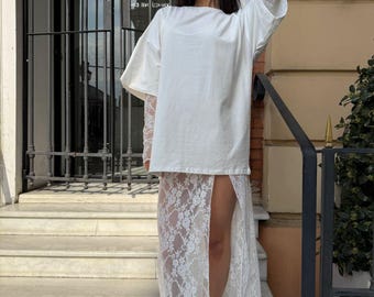 Milk White Lace Maxi Skirt and Gloves Set: Floral Guipure Overlay