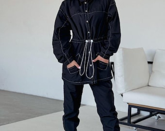 Oversized Black Windbreaker Suit: Drawstring Waist, Lightweight Fabric