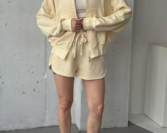 Cream Beige Knit Lounge Set: Oversized Hoodie & Raw Hem Shorts