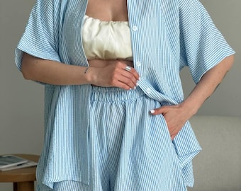 Blue Striped Linen Set – Shirt and Shorts Summer Outfit