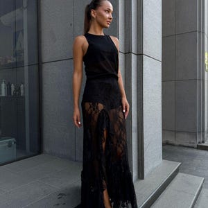 Black Lace Midi Skirt Set with Shorts - Elegant Two Piece Outfit - Boho Wedding Guest Dress - Summer Party Wear Fashion