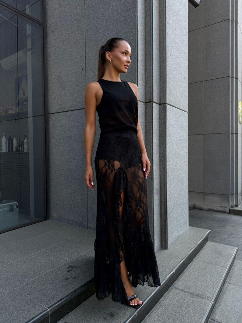 Black Lace Midi Skirt Set with Shorts - Elegant Two Piece Outfit - Boho Wedding Guest Dress - Summer Party Wear Fashion