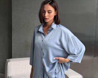 Light Blue Shirt and Shorts Set, Oversized Summer Outfit, Silk Viscose Lounge Set, Vacation Wear