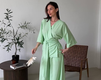 Lime Kimono Style Linen Set Women – Wrap Top & Wide Leg Pants Relaxed Elegant Summer Outfit