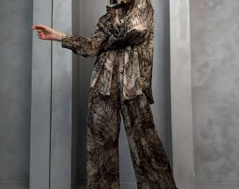 Brown Tropical Silk Oversize Set Women Leaf Print Shirt Wide Leg Pants Two Piece Outfit Resort Vacation Style