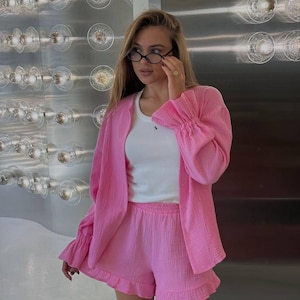 Pink Cotton Muslin Set: Oversize Shirt & Ruffled Shorts