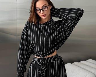 Black Striped Shirt and Skort Co-Ord Set
