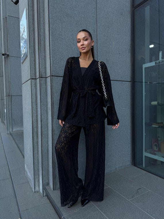 Black Lace Kimono Set 4in1 Top Shorts Pants Women Outfit Stretchy