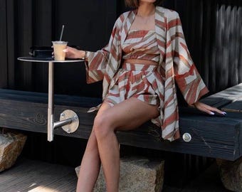 Boho Summer Set: Crinkle Viscose Kimono, Crop Top & Shorts