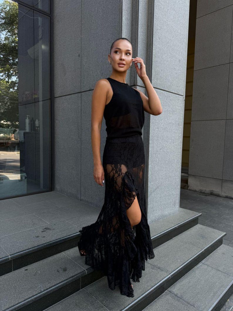 Black Lace Midi Skirt Set with Shorts - Elegant Two Piece Outfit - Boho Wedding Guest Dress - Summer Party Wear Fashion