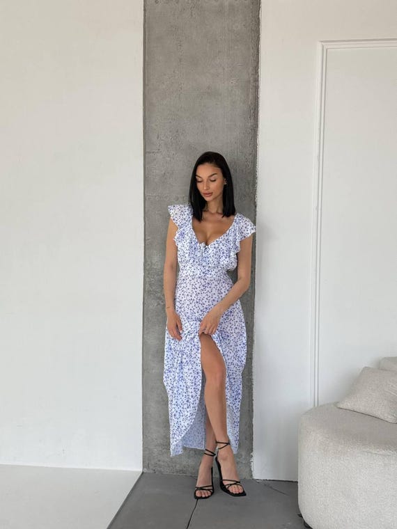Floral Maxi Dress: White Ruffle Sleeveless Summer Dress