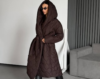 Chocolate Quilted Maxi Coat with Oversized Hood – Winter Warm Puffer