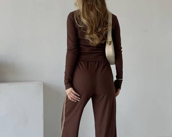 Lounge Set: Chocolate Ribbed Knit - Long Sleeve Top & Wide Pants