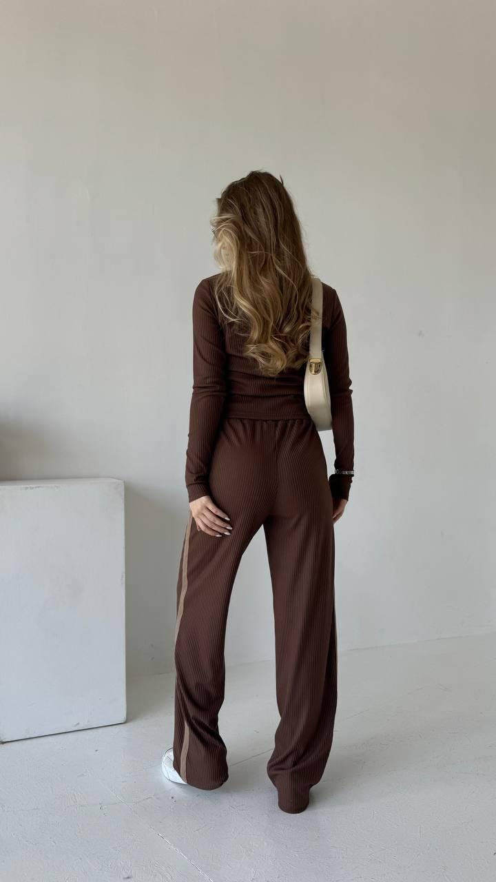 Chocolate Ribbed Knit Lounge Set: Long Sleeve Top & Wide Pants - Etsy