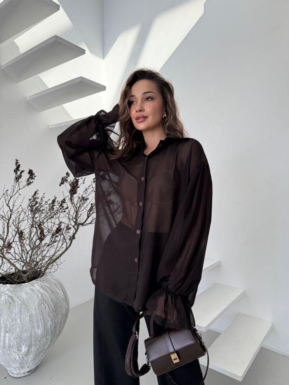 Black Sheer Silk Oversized Blouse – Lightweight Transparent Shirt