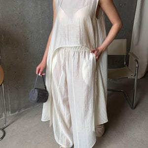 Ivory Viscose Tencel Set, Wide Leg Palazzo Pants Outfit, Oversized Sleeveless Tunic, Minimalist Summer Co Ord, Resort Wear