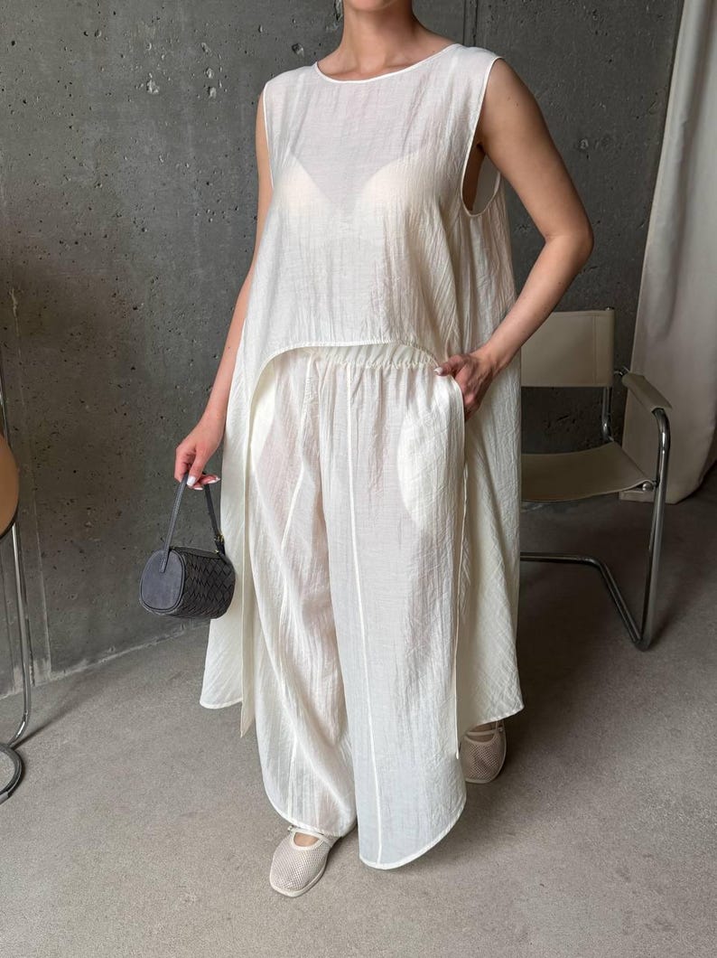 Ivory Viscose Tencel Set, Wide Leg Palazzo Pants Outfit, Oversized Sleeveless Tunic, Minimalist Summer Co Ord, Resort Wear