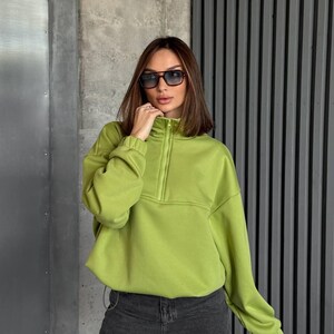 Olive Oversized Hoodie with Half Zip, Cotton Intersoft Fleece Sweatshirt, Relaxed Fit Cozy Streetwear