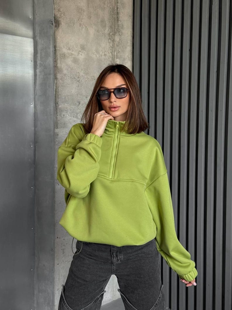 Olive Oversized Hoodie with Half Zip, Cotton Intersoft Fleece Sweatshirt, Relaxed Fit Cozy Streetwear