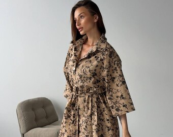 Linen Summer Outfit: Beige Floral Shirt, Shorts & Tops (One Size Fits EU 42–48)