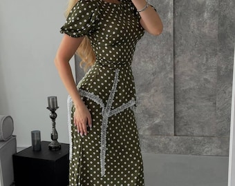 Olive Green Polka Dot Satin Midi Dress with Corset Peplum, Vintage Style Dress, Elegant Midi Dress, Retro Inspired Wedding Guest Dress