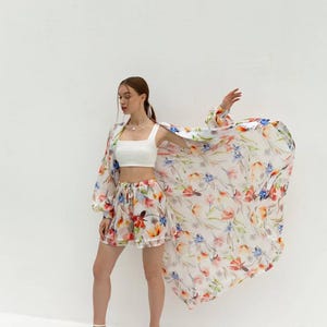 Boho Floral Kimono and Shorts Set – Sheer Lightweight Cover-Up with Double Shorts – Vacation Beach Outfit – Tencel Loungewear for Women