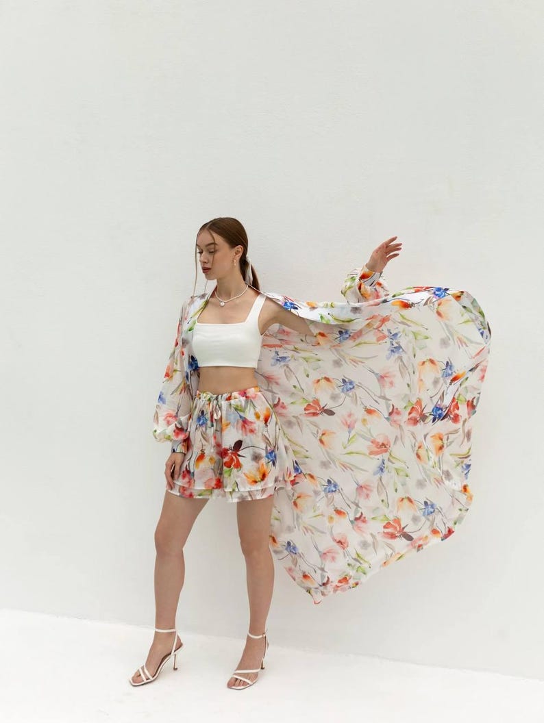 Boho Floral Kimono and Shorts Set – Sheer Lightweight Cover-Up with Double Shorts – Vacation Beach Outfit – Tencel Loungewear for Women