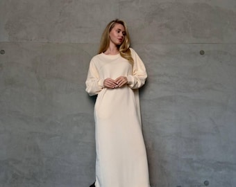 Beige Oversized Maxi Kleid Frauen Baumwolle Sweatshirt Kleid Langarm Minimal Loose Fit lässig Elegant One Size