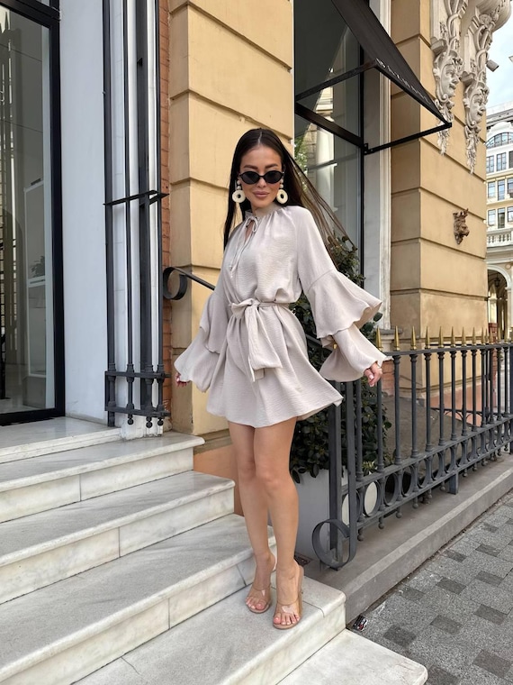 Beige Bell Sleeve Mini Dress: American Crepe Boho Ruffle Dress