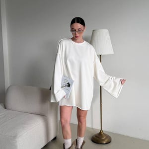 White Oversized Sweatshirt Dress Women – Loop Knit Tunic, Minimal Clean Lounge Outfit