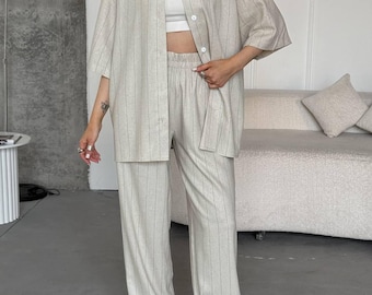 Beige Linen Two Piece Set: Oversized Shirt & Wide Leg Pants