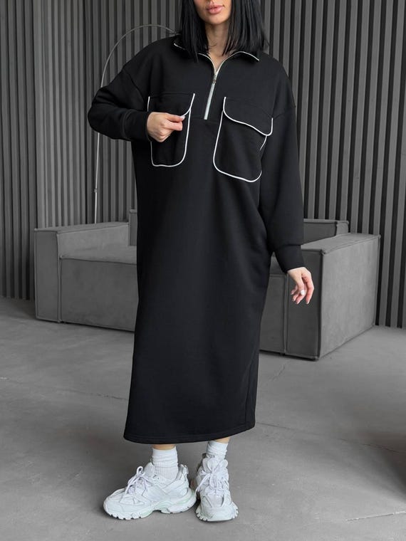 Maxi Dress Black Long Hoodie Dress Oversized Sweatshirt Dress