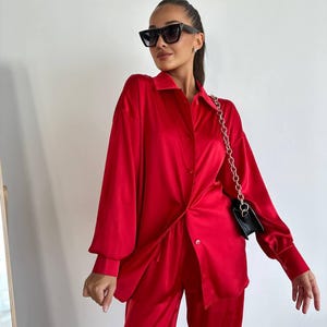 Red Silk Pantsuit: Women&#39;s Button-Up Shirt & Wide-Leg Trousers