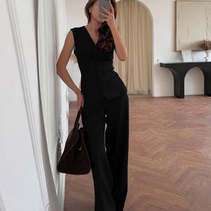 Schwarze Weste Hosen Set Frauen Büro Anzug Professionelle Weite Bein Business Outfit