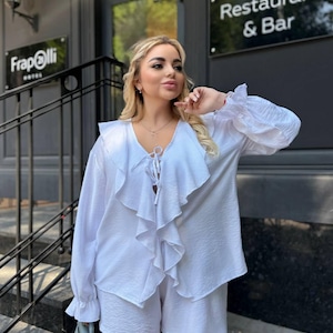 White Linen-Silk Ruffle Blouse and Shorts Set - Summer Outfit