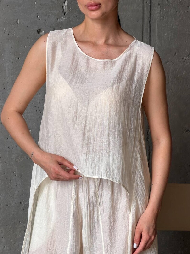 Ivory Viscose Tencel Set, Wide Leg Palazzo Pants Outfit, Oversized Sleeveless Tunic, Minimalist Summer Co Ord, Resort Wear