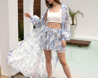 Boho Blue Floral Tencel Kimono & Shorts Set: Lightweight Beach Cover-Up