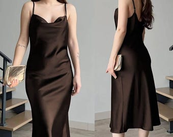 Chocolate Satin Slip Dress - Elegant Midi with Adjustable Straps