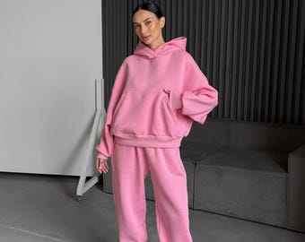 Pink Fleece Tracksuit – Oversized Hoodie and Joggers Set – Cozy Loungewear – Soft Unisex Sweat Set