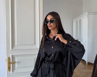 Black Satin-Look Shirt and Wide Leg Pants Set