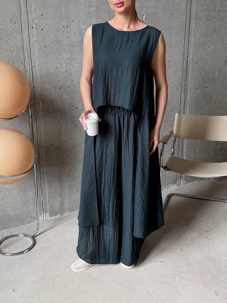 Emerald Viscose Tencel Set, Wide Leg Palazzo Pants Outfit, Oversized Sleeveless Tunic, Minimalist Summer Co Ord, Resort Wear
