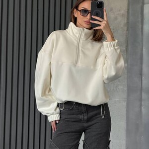 Ivory Oversized Hoodie with Half Zip, Cotton Intersoft Fleece Sweatshirt, Relaxed Fit Cozy Streetwear