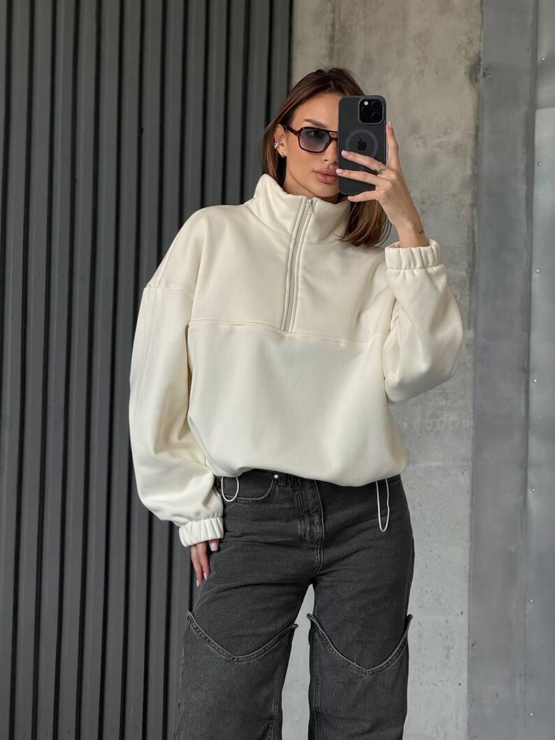 Ivory Oversized Hoodie with Half Zip, Cotton Intersoft Fleece Sweatshirt, Relaxed Fit Cozy Streetwear