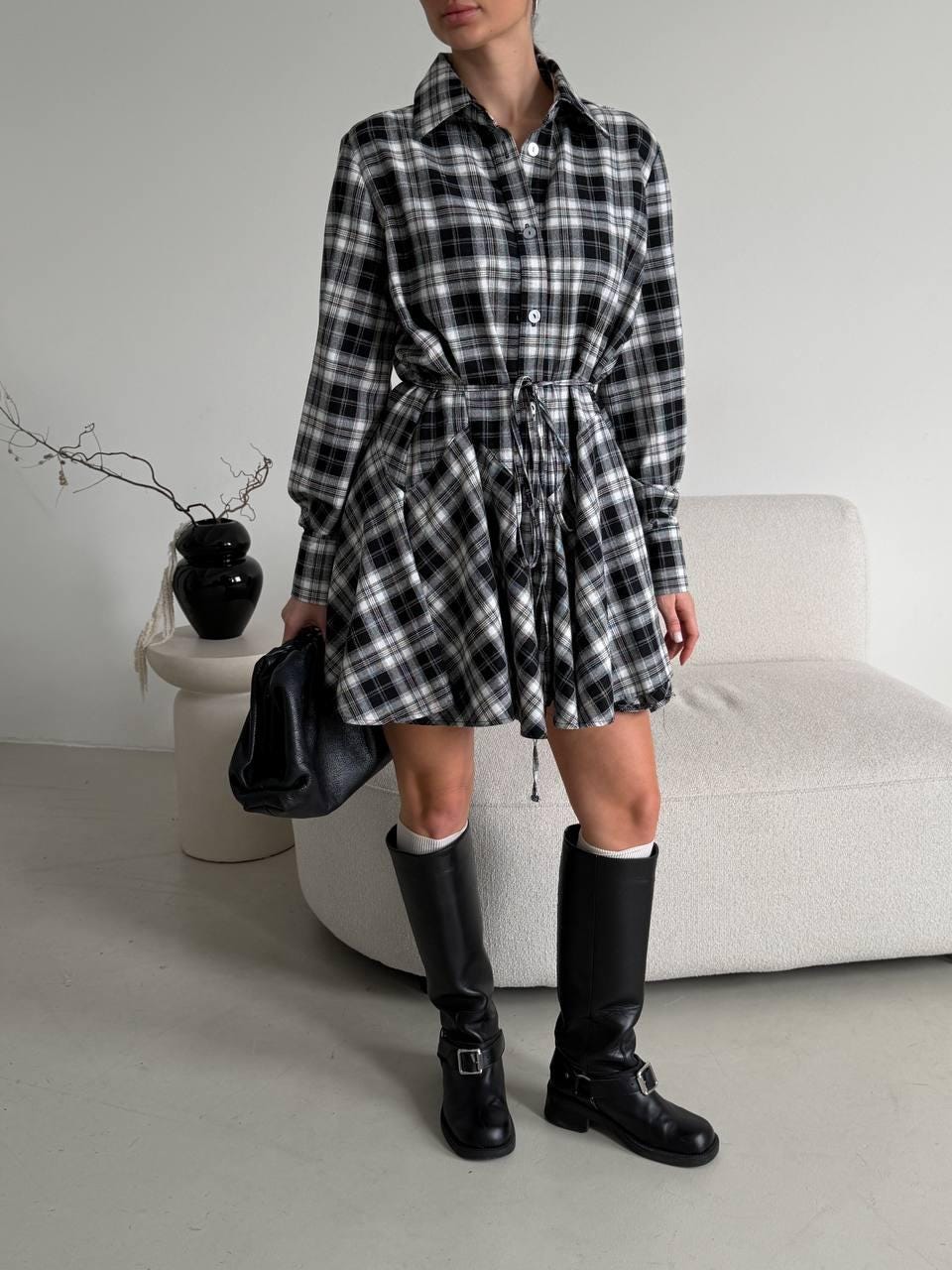 black dress with flannel shirt Holiday Charm Plaid Flannel Shirt Dress in Black Black L